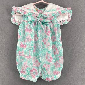 Vintage 80s 90s Lightning Bug Romper Playsuit Kids 2T Floral‎ Ruffle Bow Collar